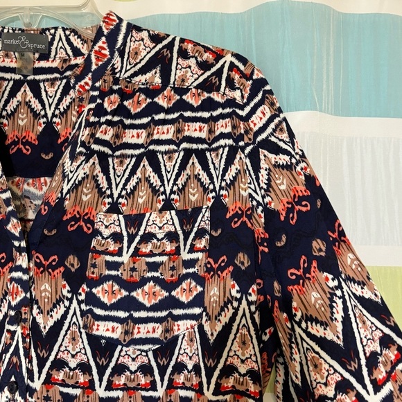 Market & Spruce Women's Patterned Top Blue, Cream, and Pink Sz Medium - Picture 3 of 9